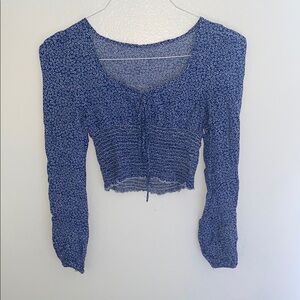 Blue Floral Long Sleeve Tied Cropped Top